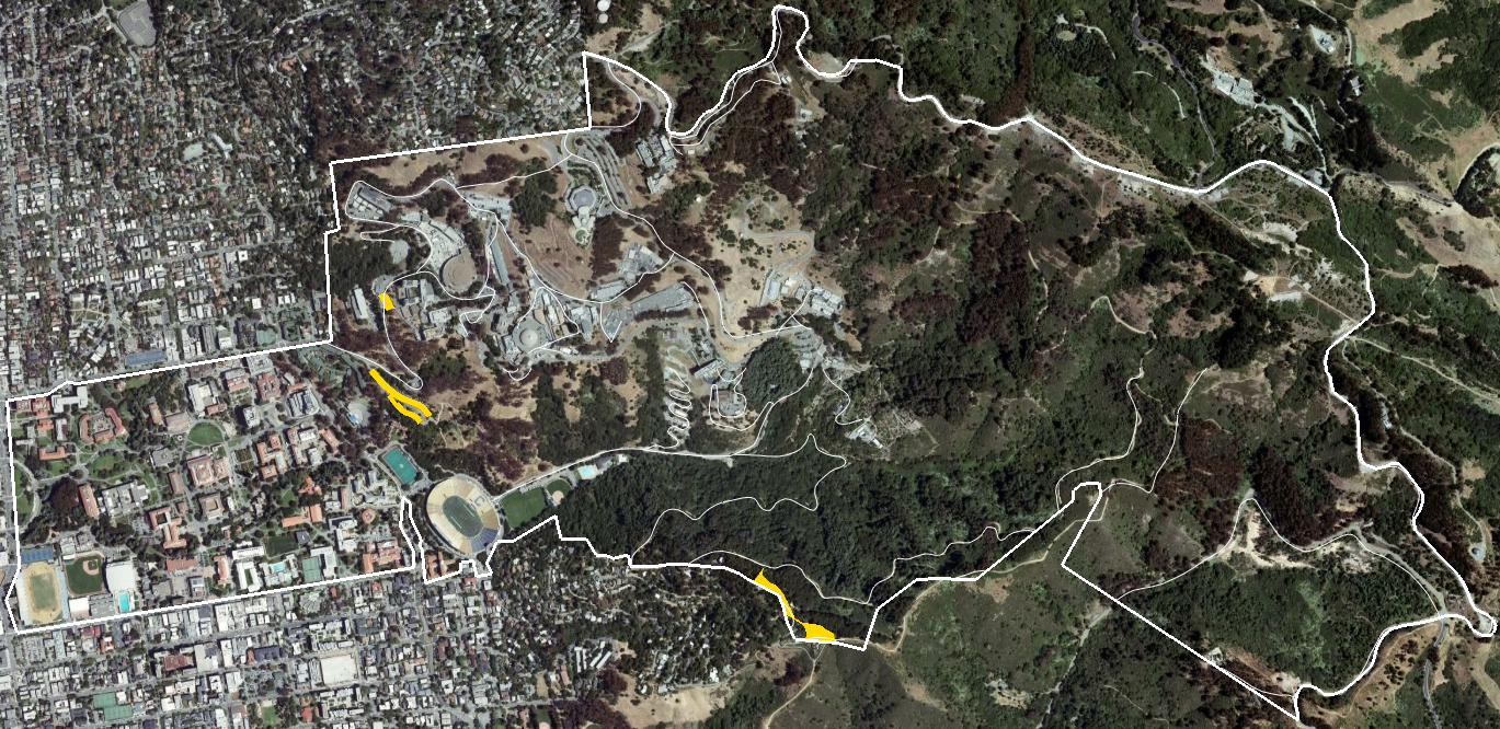 Screenshot from Google Earth showing favorable sites on the campus
