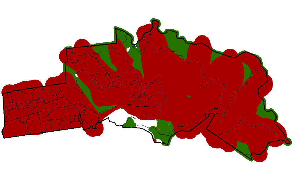Combination of fault buffer, poor soils, stream buffer, and unstable geologies with landslides, flame lengths, and rates of spread