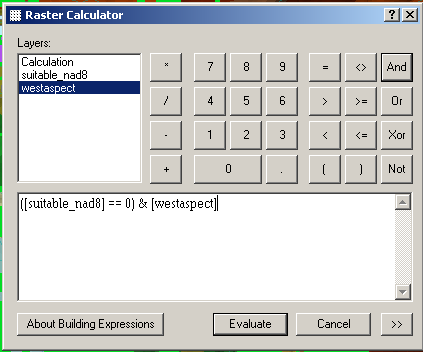 Raster calculator: suitable locations intersected with western aspect