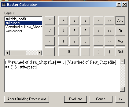 Intersecting viewshed and suitable sites with the raster calculator
