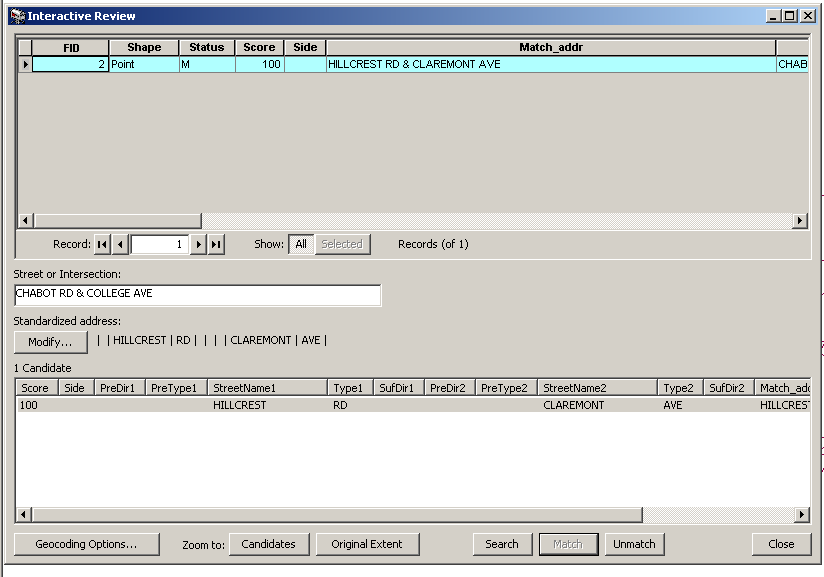 Interactive matching window and results