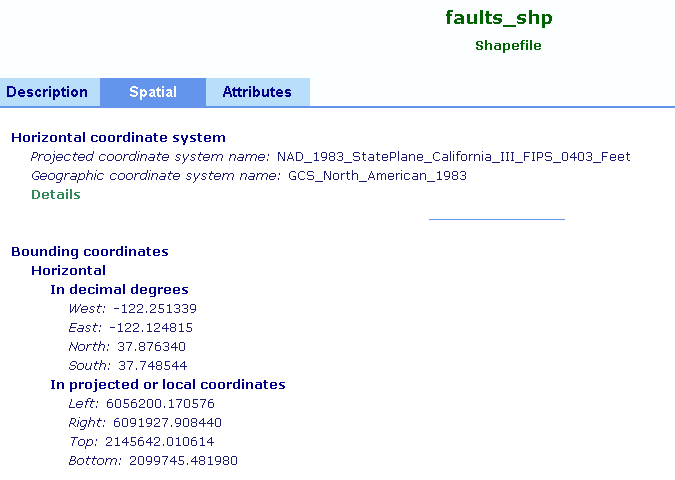 Faults shapefile spatial metadata in ArcCatalog