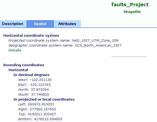 Faults shapefile spatial metadata in ArcCatalog