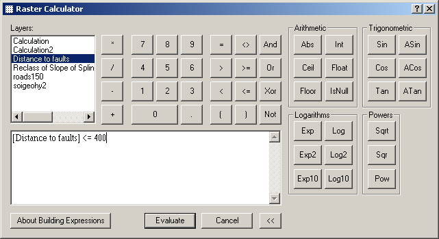 Raster calculator on the fault distance data